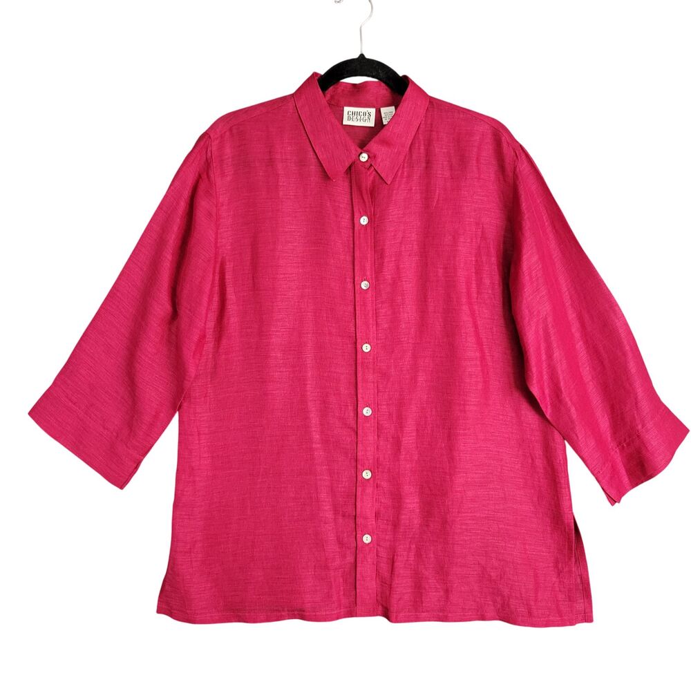 Vtg CHICOS Red Silk Linen 3/4 Sleeve Collared Button Up Top SIZE 2 US LARGE 12